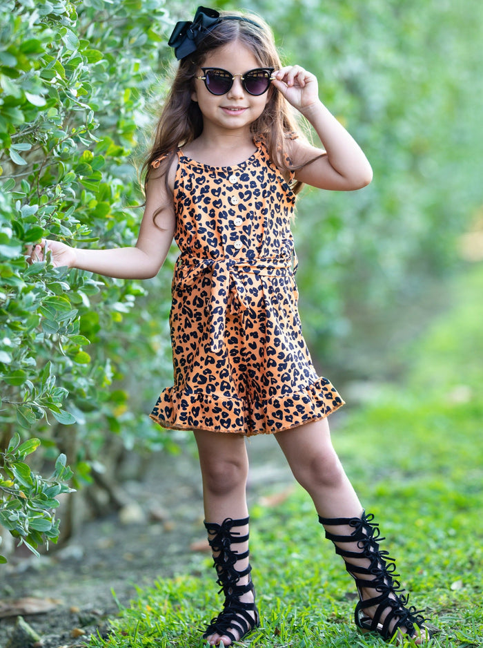 Toddler Spring Outfits | Girls Leopard Drawstring Waist Ruffled Romper