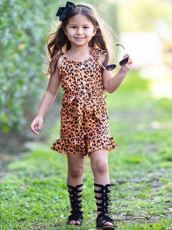 Toddler Spring Outfits | Girls Leopard Drawstring Waist Ruffled Romper