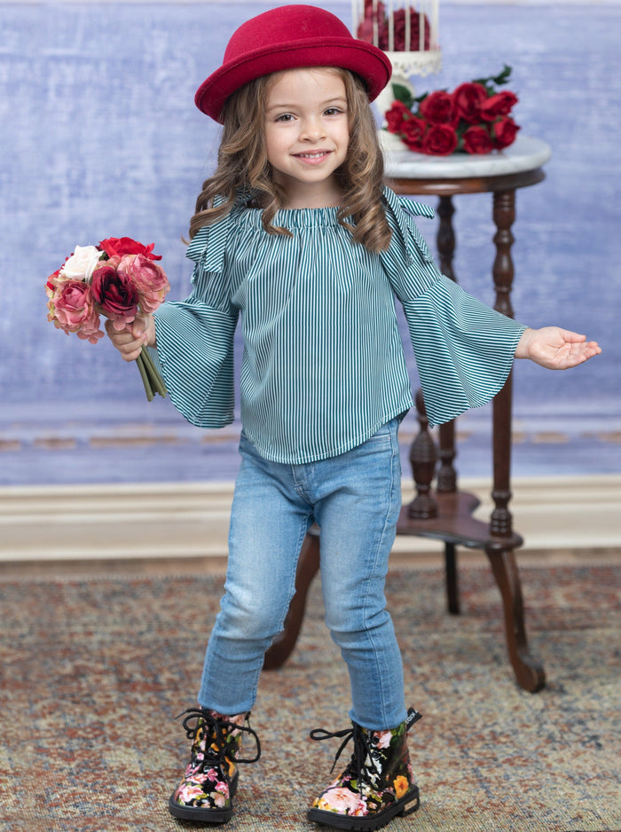 Toddler Spring Tops | Girls Boho Pinstripe Flounce Sleeve Top