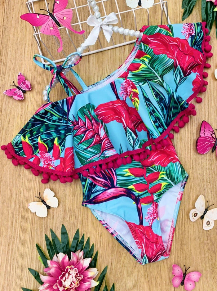 Kids Swimsuits | Girls Tropical Print One Shoulder One Piece Swimsuit