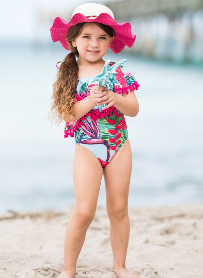 Kids Swimsuits | Girls Tropical Print One Shoulder One Piece Swimsuit