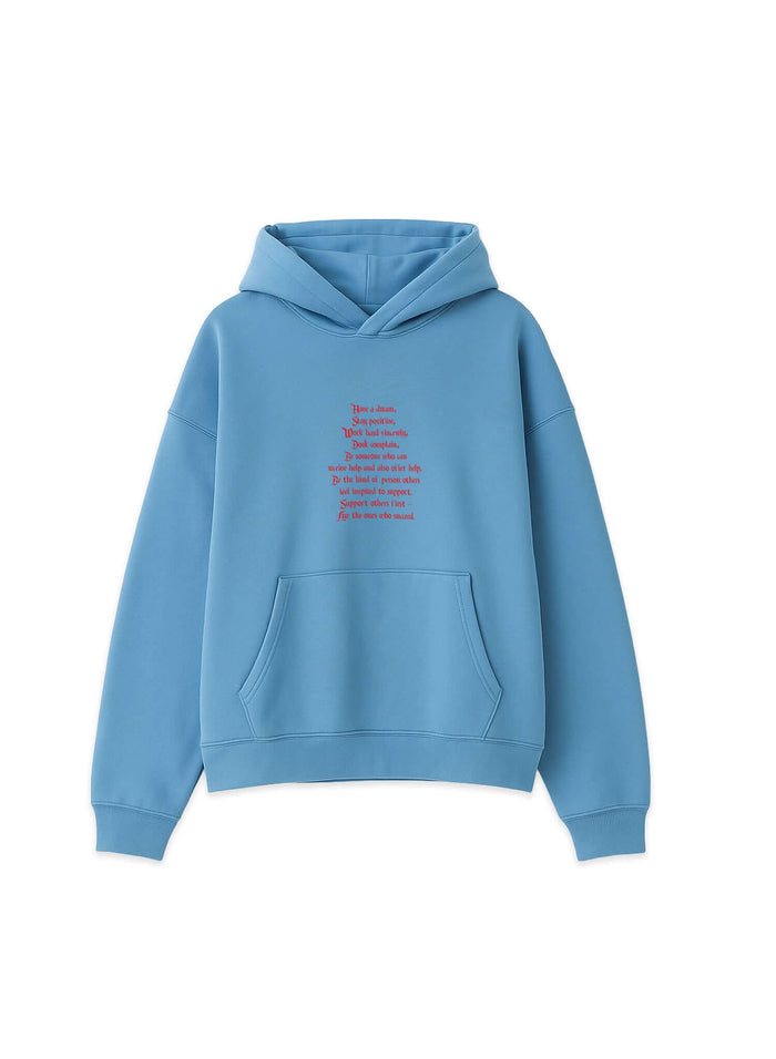 Words Of Wisdom Lightweight Terry Hoodie in blue with embroidered detail for a casual, comfortable look.