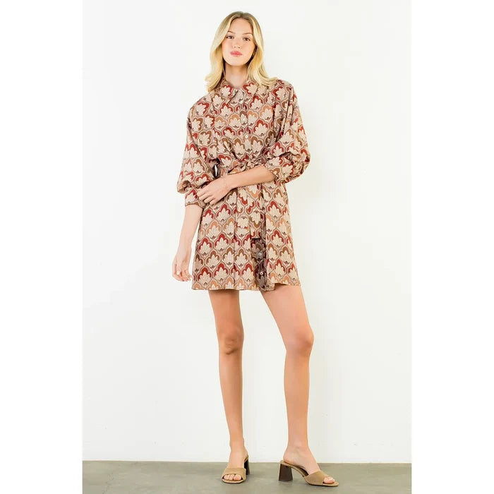 Long Sleeve Pattern Button Down Dress