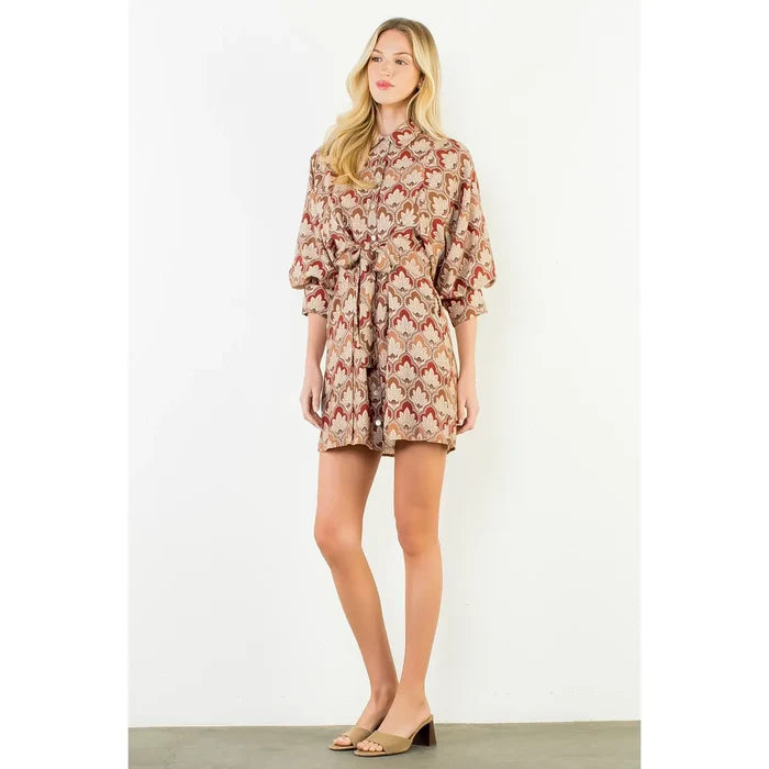Long Sleeve Pattern Button Down Dress