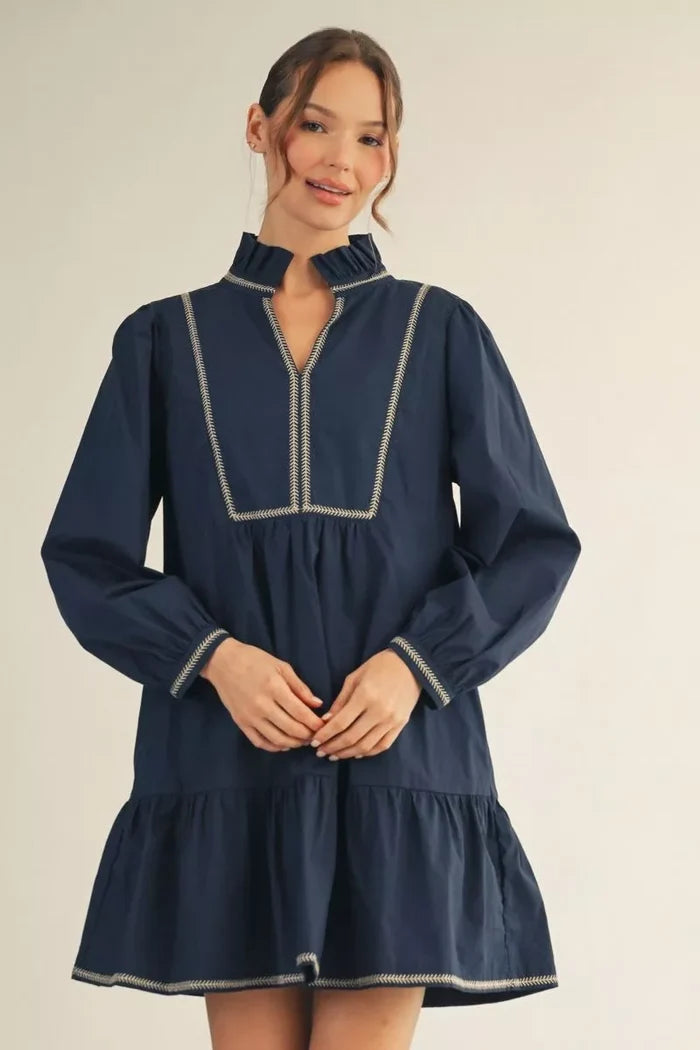 Long Sleeve Solid Dress with Ruffled Neckline
