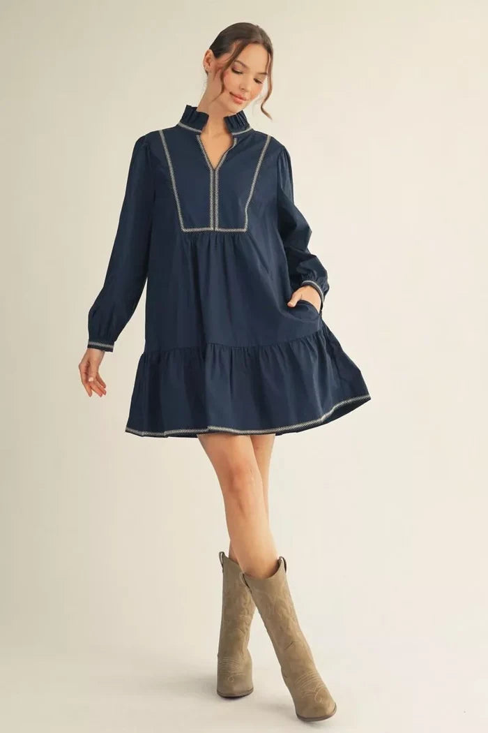 Long Sleeve Solid Dress with Ruffled Neckline