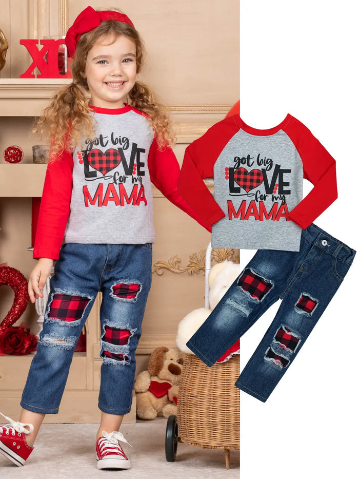 Toddler Valentine's Clothes | Raglan Top & Plaid Patched Jeans Set