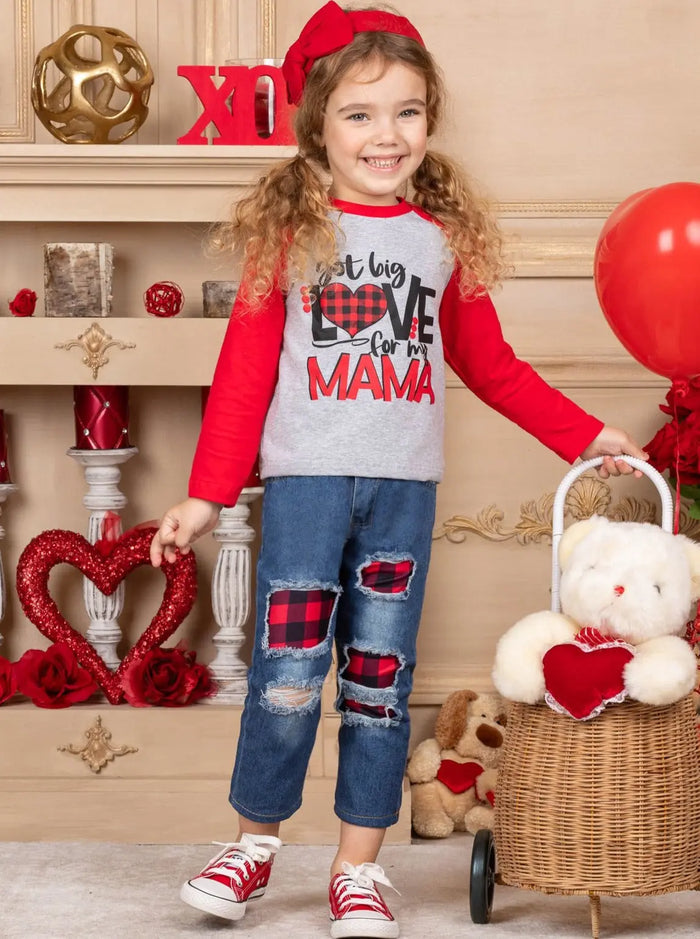 Toddler Valentine's Clothes | Raglan Top & Plaid Patched Jeans Set