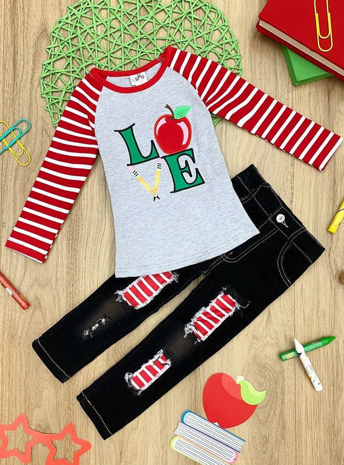 Love To Learn Raglan Top & Patched Jeans Set - Back To School - Mia Belle Girls