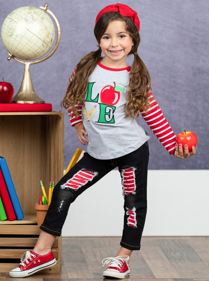 Love To Learn Raglan Top & Patched Jeans Set - Back To School - Mia Belle Girls