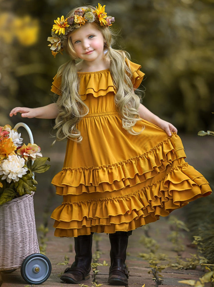 Little Girls Fall Boho Marigold Tiered Ruffle Dress - Mia Belle Girls