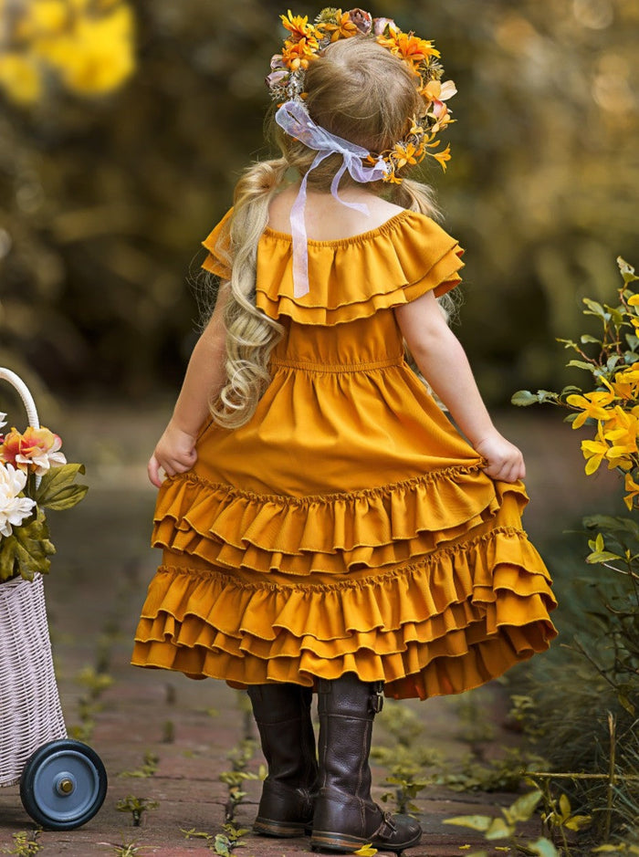 Little Girls Fall Boho Marigold Tiered Ruffle Dress - Mia Belle Girls