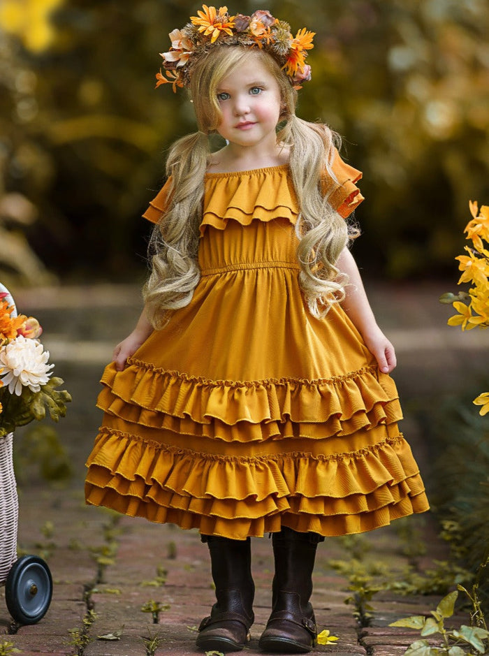 Little Girls Fall Boho Marigold Tiered Ruffle Dress - Mia Belle Girls