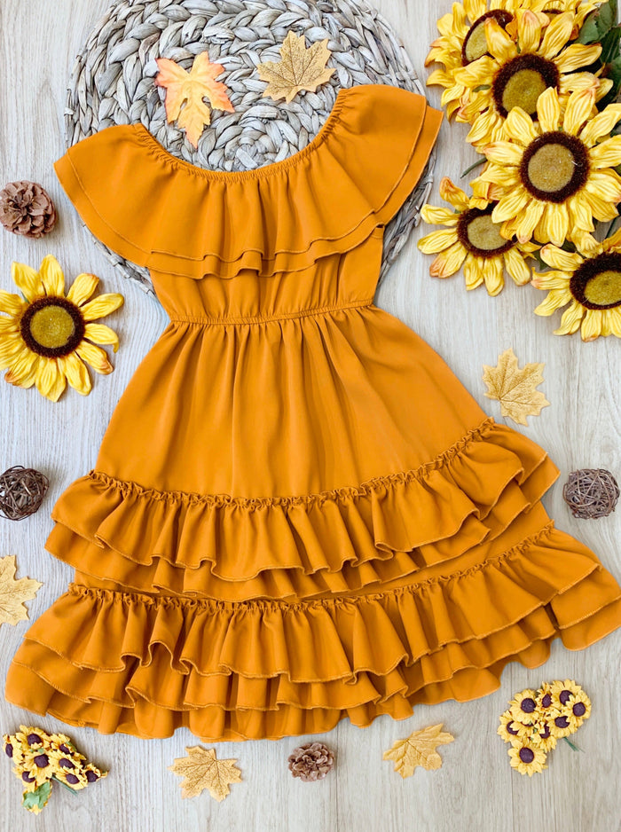 Little Girls Fall Boho Marigold Tiered Ruffle Dress - Mia Belle Girls