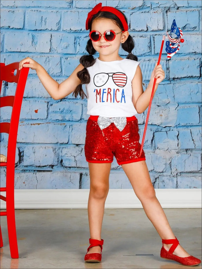 Girls 4th of July Themed Printed Top & Sequin Bow Shorts Set - Girls 4th of July Set