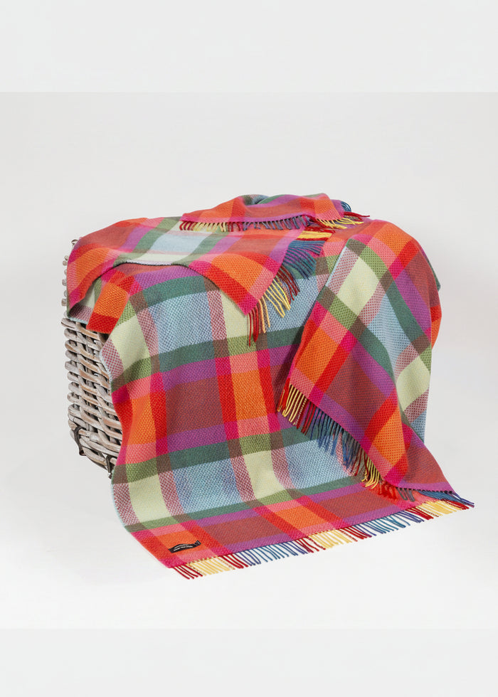 Merino Wool Cashmere Throw Bright Yellow, Pink and Green Check