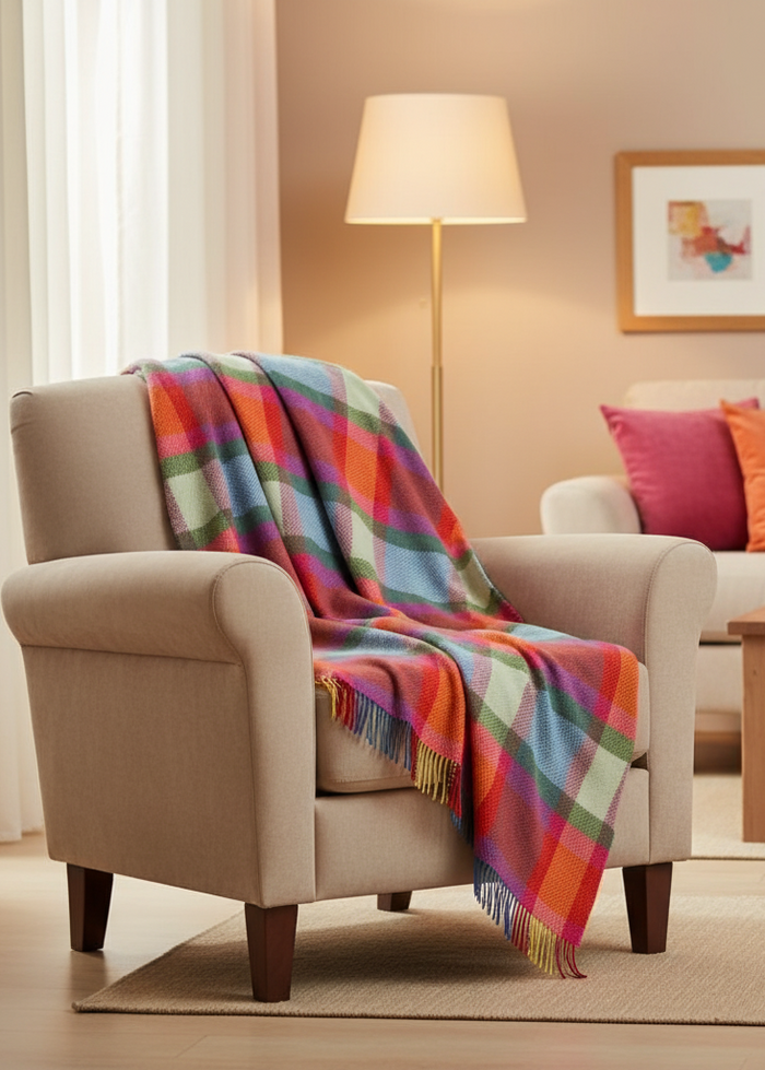 Merino Wool Cashmere Throw Bright Yellow, Pink and Green Check
