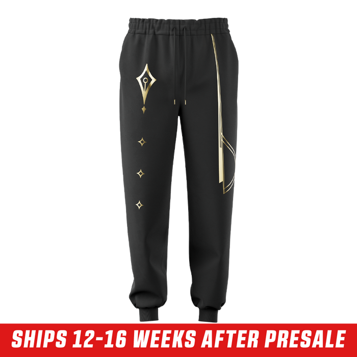 Black sweatpants with gold geometric lines on one leg and a gold emblem on the back pocket in 3XL size.
