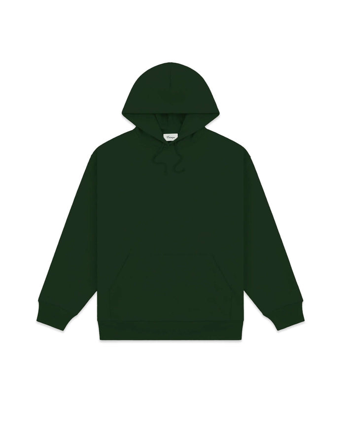 Mid weight cotton hoodie in ivy green with a pouch front pocket and drawcord hood.