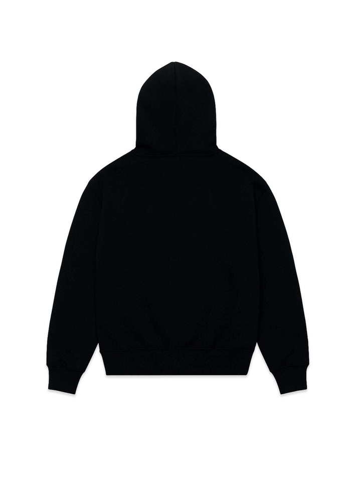 Back view of a black midweight cotton hoodie with hood, showcasing the simple design.