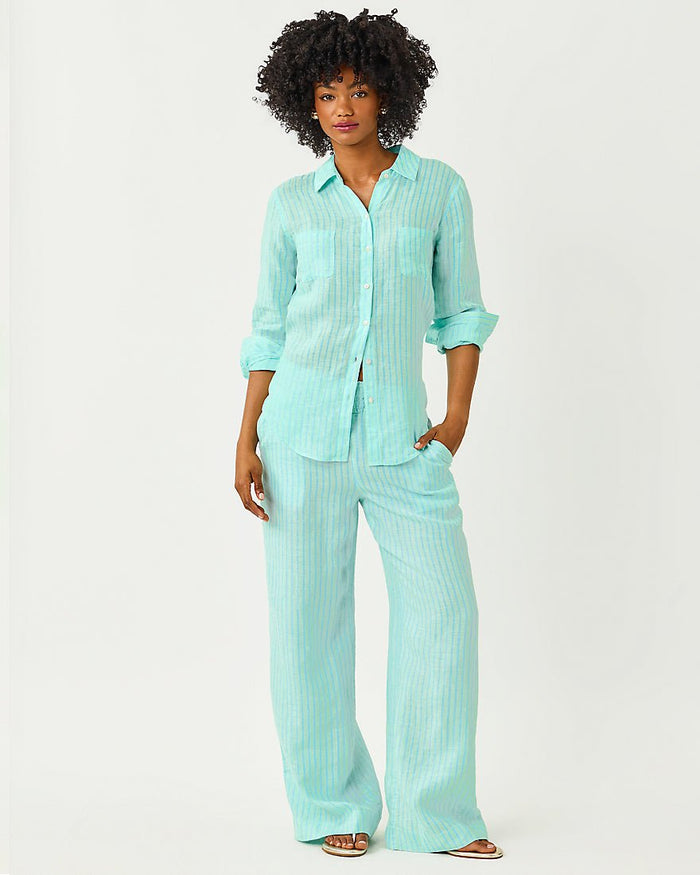 Lilly Pulitzer - Mirabella Linen Palazzo Pant - Mint Condition X Capri Blue Saint Tropez Stripe