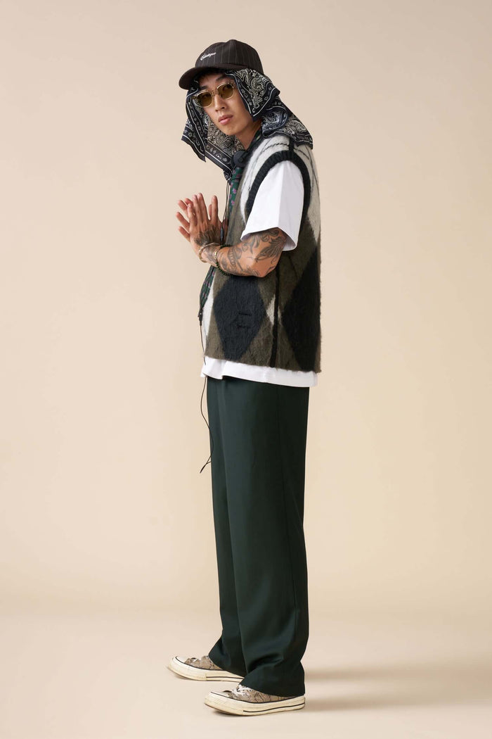 model wearing reversible mohair vest side view