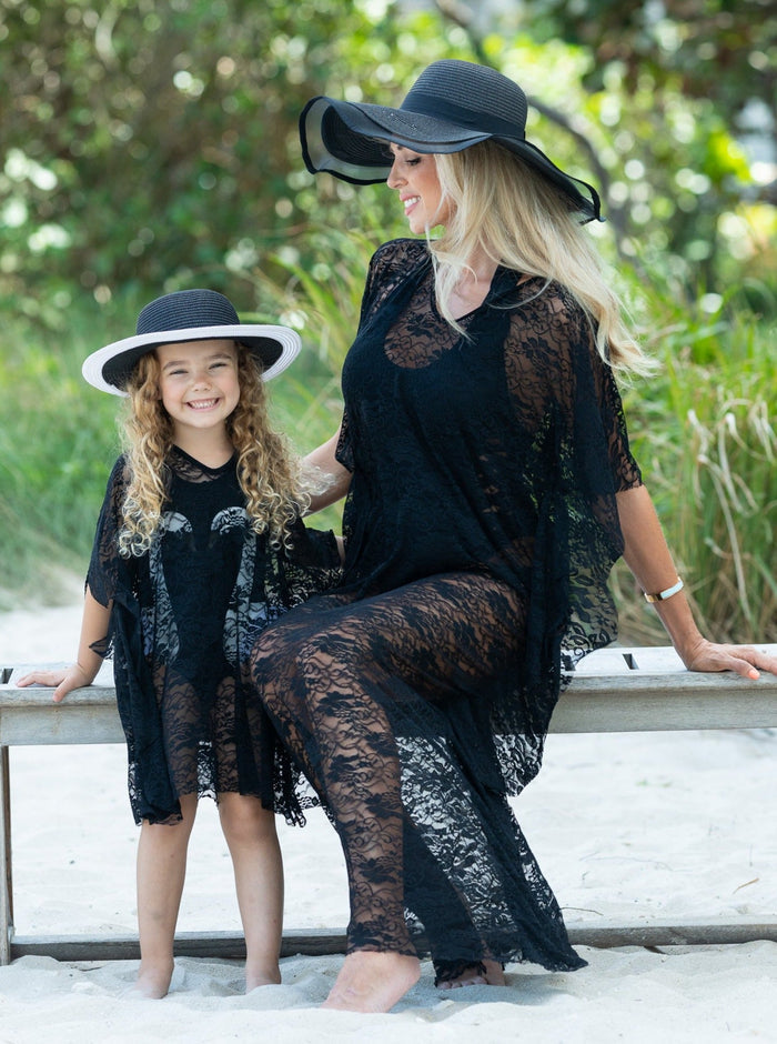Mommy & Me Resort Wear | Matching Black Lace Kaftan Swim Cover Up