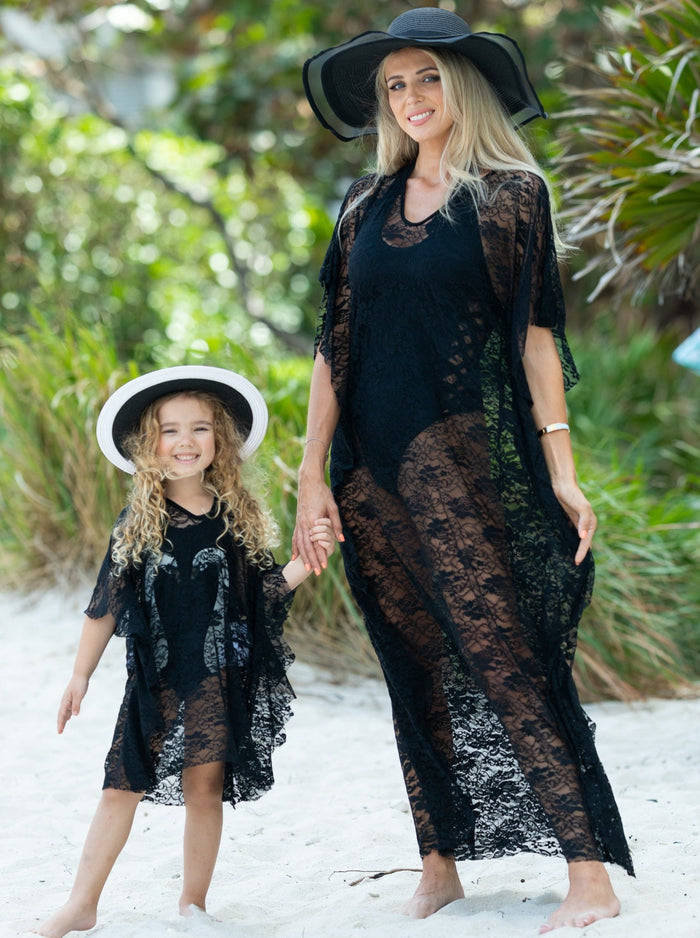 Mommy & Me Resort Wear | Matching Black Lace Kaftan Swim Cover Up