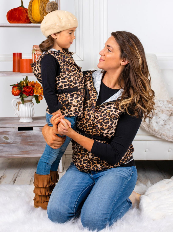 Mommy and Me Matching Outfits | Black Top & Leopard Hoodie Vest Set