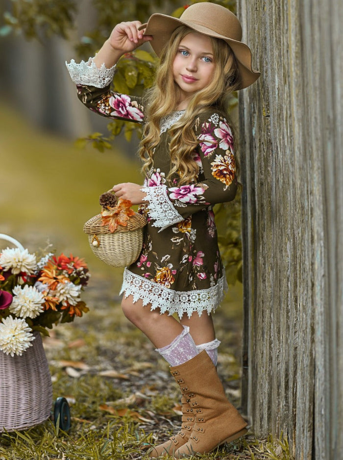 Little girls Fall boho long-sleeve Gaby-style dress with floral print and crochet lace collar, cuffs, and hem - Mia Belle Girls