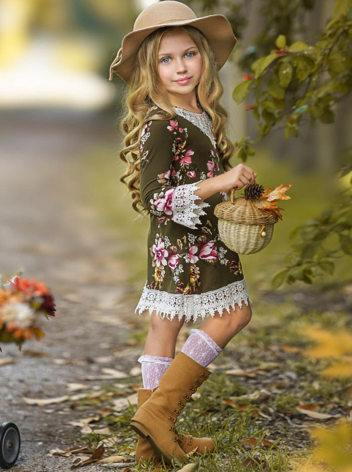 Little girls Fall boho long-sleeve Gaby-style dress with floral print and crochet lace collar, cuffs, and hem - Mia Belle Girls