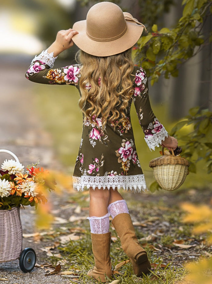 Little girls Fall boho long-sleeve Gaby-style dress with floral print and crochet lace collar, cuffs, and hem - Mia Belle Girls