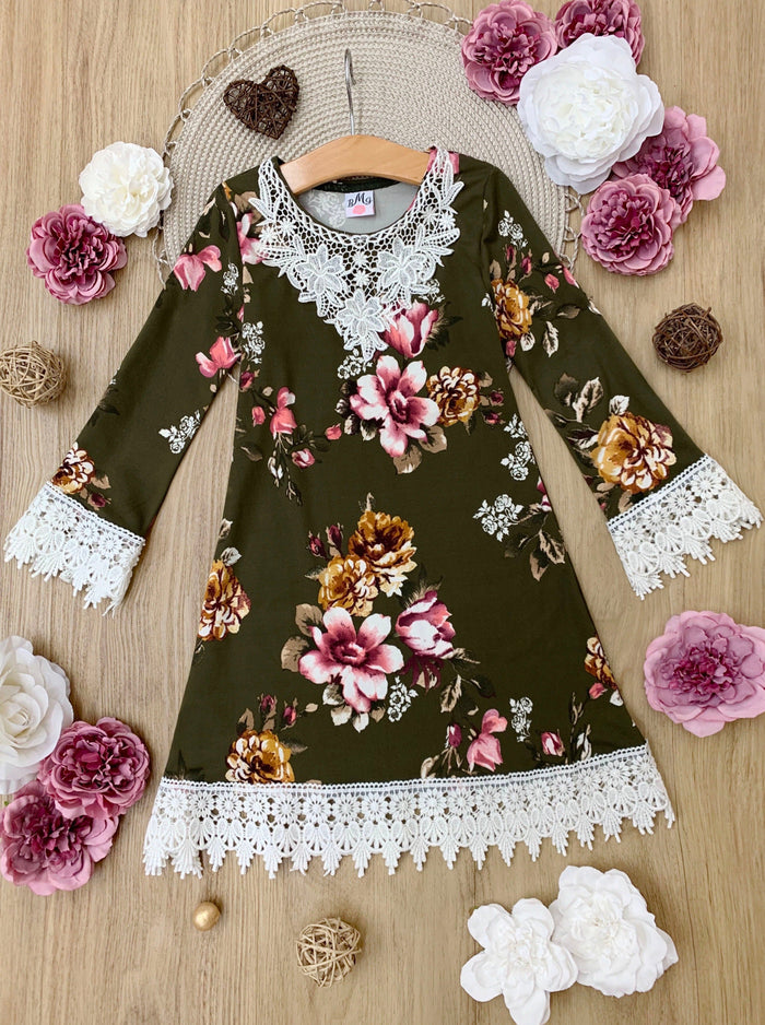 Little girls Fall boho long-sleeve Gaby-style dress with floral print and crochet lace collar, cuffs, and hem - Mia Belle Girls
