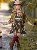 Little girls fall preppy long-sleeve hi-lo Dovie-style tunic with floral print pattern, double-ruffle tiered cuffs and white pants - Mia Belle Girls