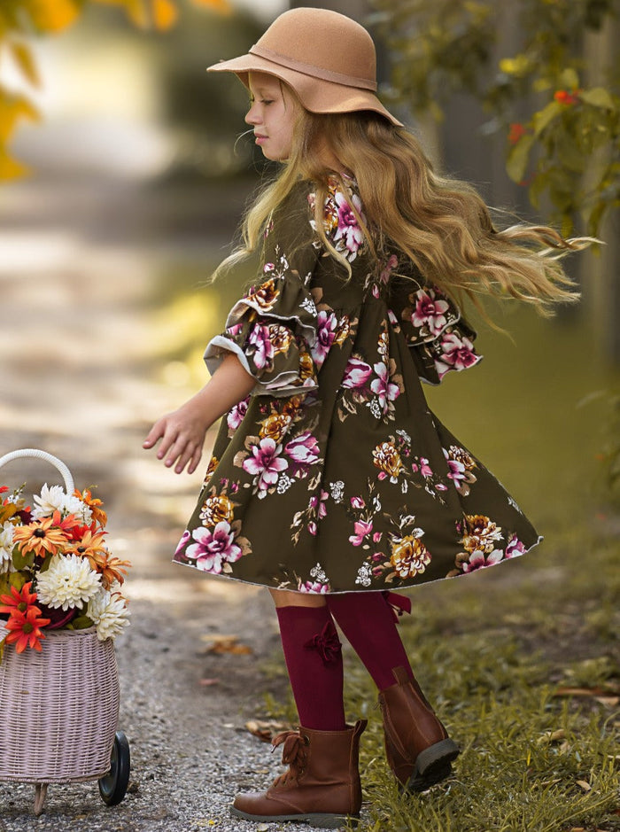 Little girls fall preppy long-sleeve hi-lo Dovie-style tunic with floral print pattern, double-ruffle tiered cuffs and white pants - Mia Belle Girls
