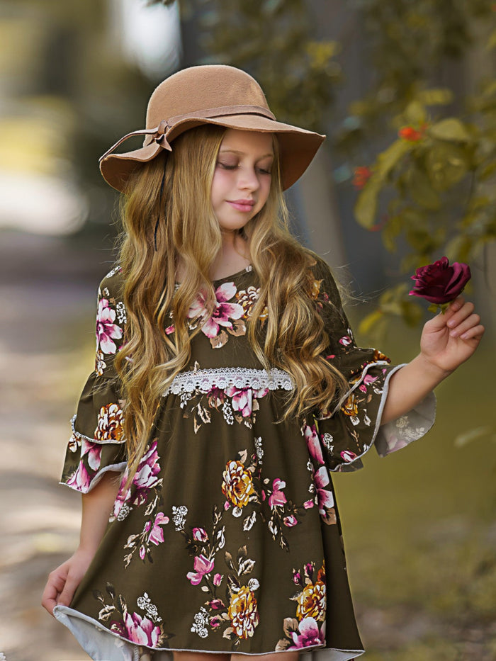 Little girls fall preppy long-sleeve hi-lo Dovie-style tunic with floral print pattern, double-ruffle tiered cuffs and white pants - Mia Belle Girls