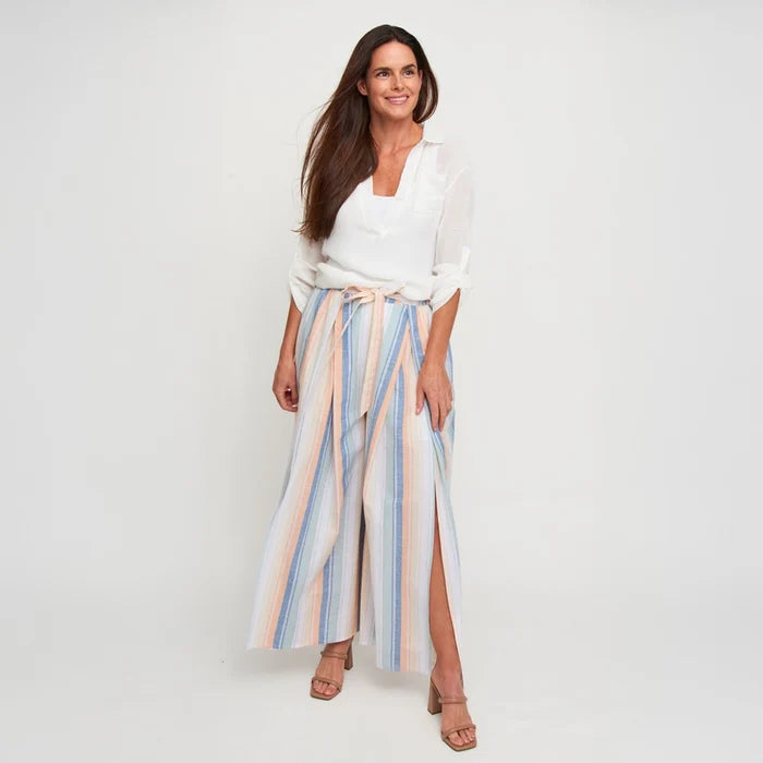 Open Slit Wide Leg Striped Pants