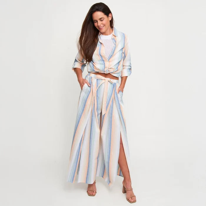 Open Slit Wide Leg Striped Pants