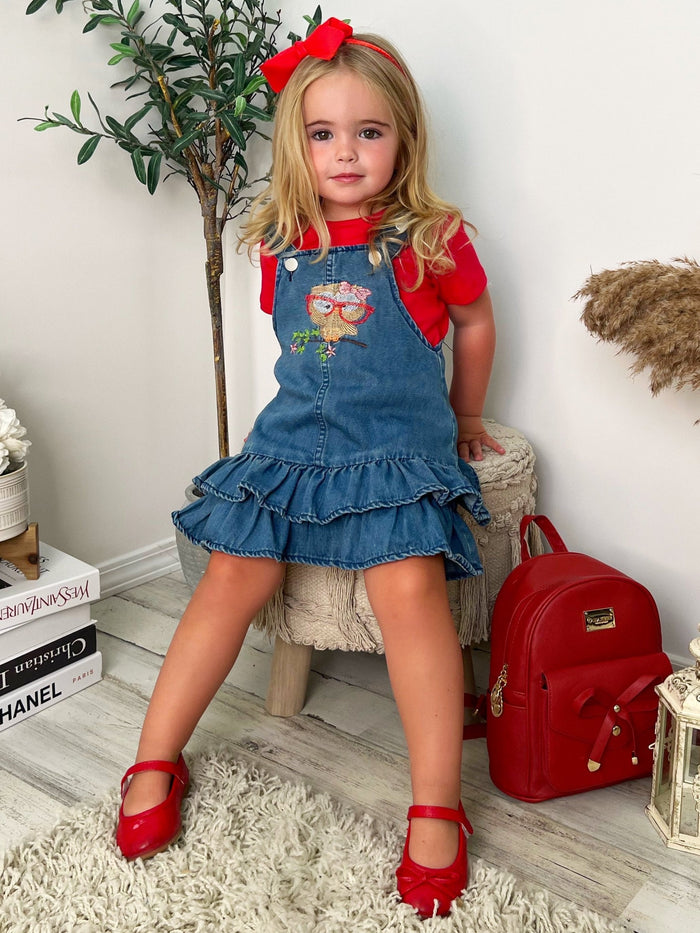 Owl Denim Overall Dress Set Mia Belle Girls