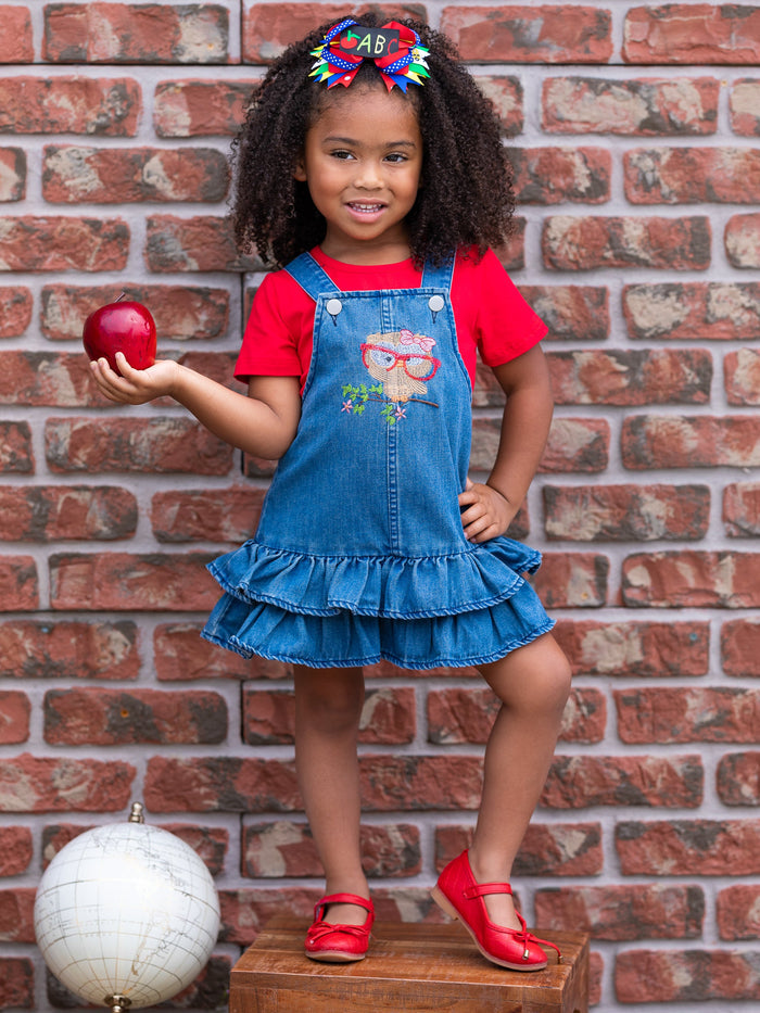 Owl Denim Overall Dress Set Mia Belle Girls
