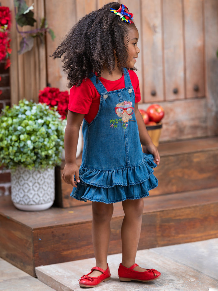 Owl Denim Overall Dress Set Mia Belle Girls