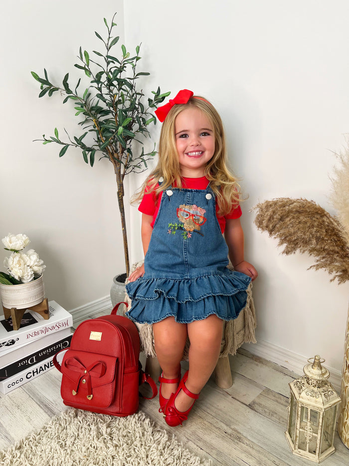 Owl Denim Overall Dress Set Mia Belle Girls