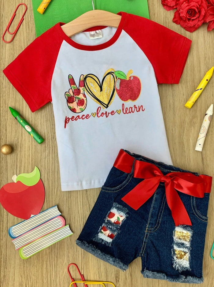 First Day of School | Learn Patched Denim Short Set | Mia Belle Girls