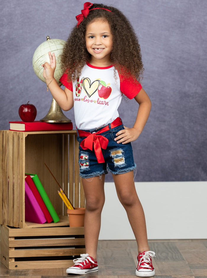 First Day of School | Learn Patched Denim Short Set | Mia Belle Girls