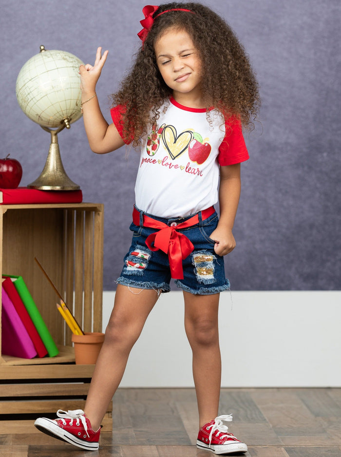First Day of School | Learn Patched Denim Short Set | Mia Belle Girls