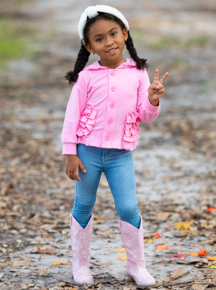 Sweaters & Cardigans | Pink Ruffle Hooded Cardigan | Mia Belle Girls