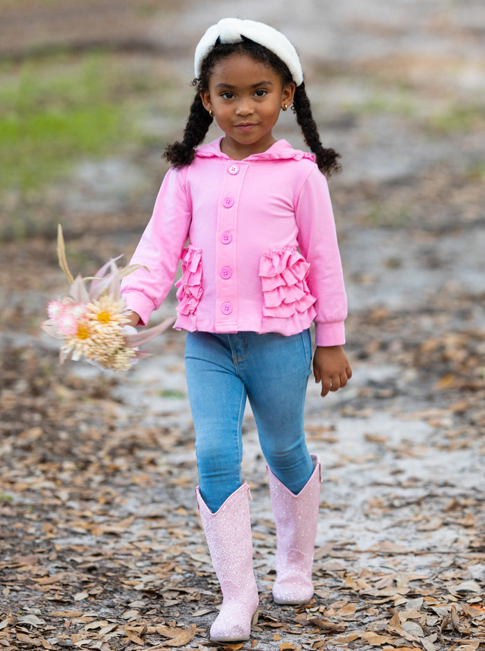 Sweaters & Cardigans | Pink Ruffle Hooded Cardigan | Mia Belle Girls