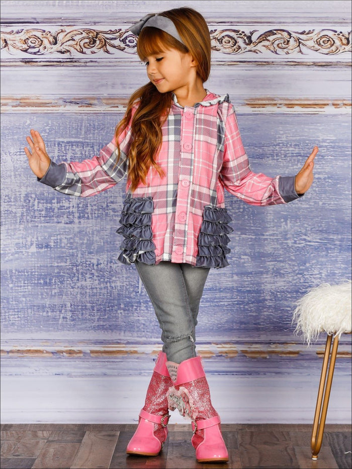 Girls Plaid Button Down Hooded Cardigan with Side Ruffles - Girls Sweater