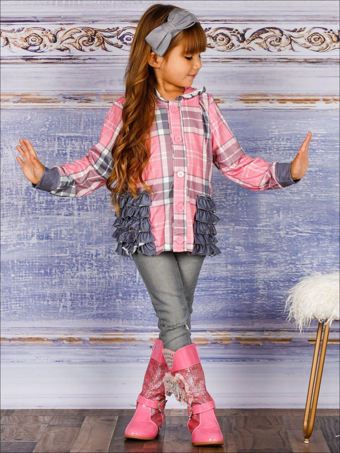 Girls Plaid Button Down Hooded Cardigan with Side Ruffles - Girls Sweater