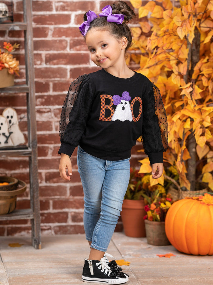Girls Halloween Tops | Tulle Sleeve Pullover Sweater - Mia Belle Girls